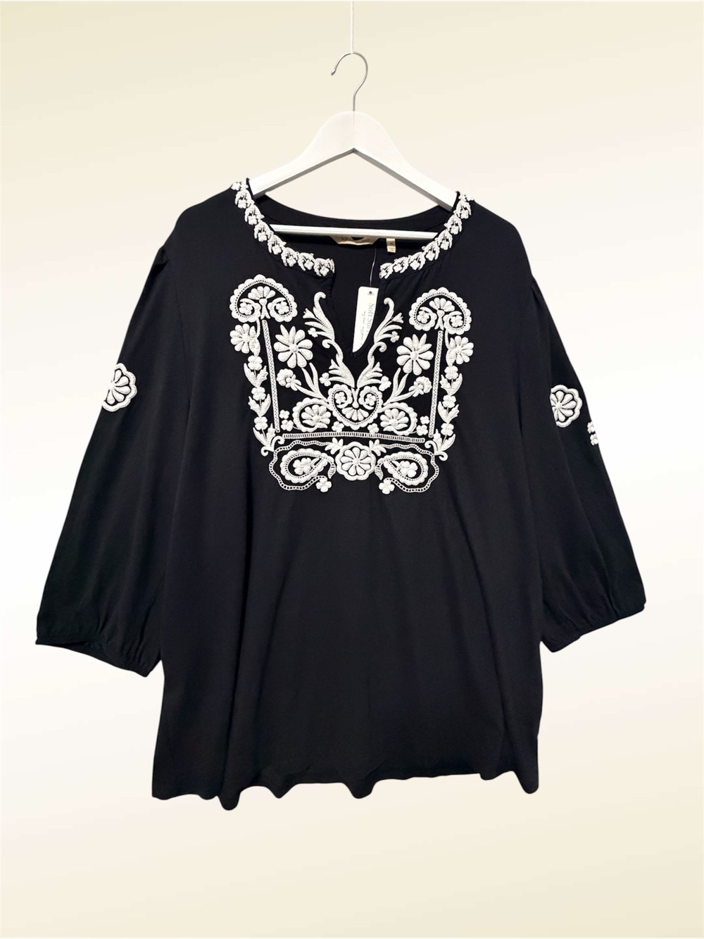 Soft Surroundings Embroidered Tunic NWT Size 3X Black Cream 3/4 Sleeve Boho